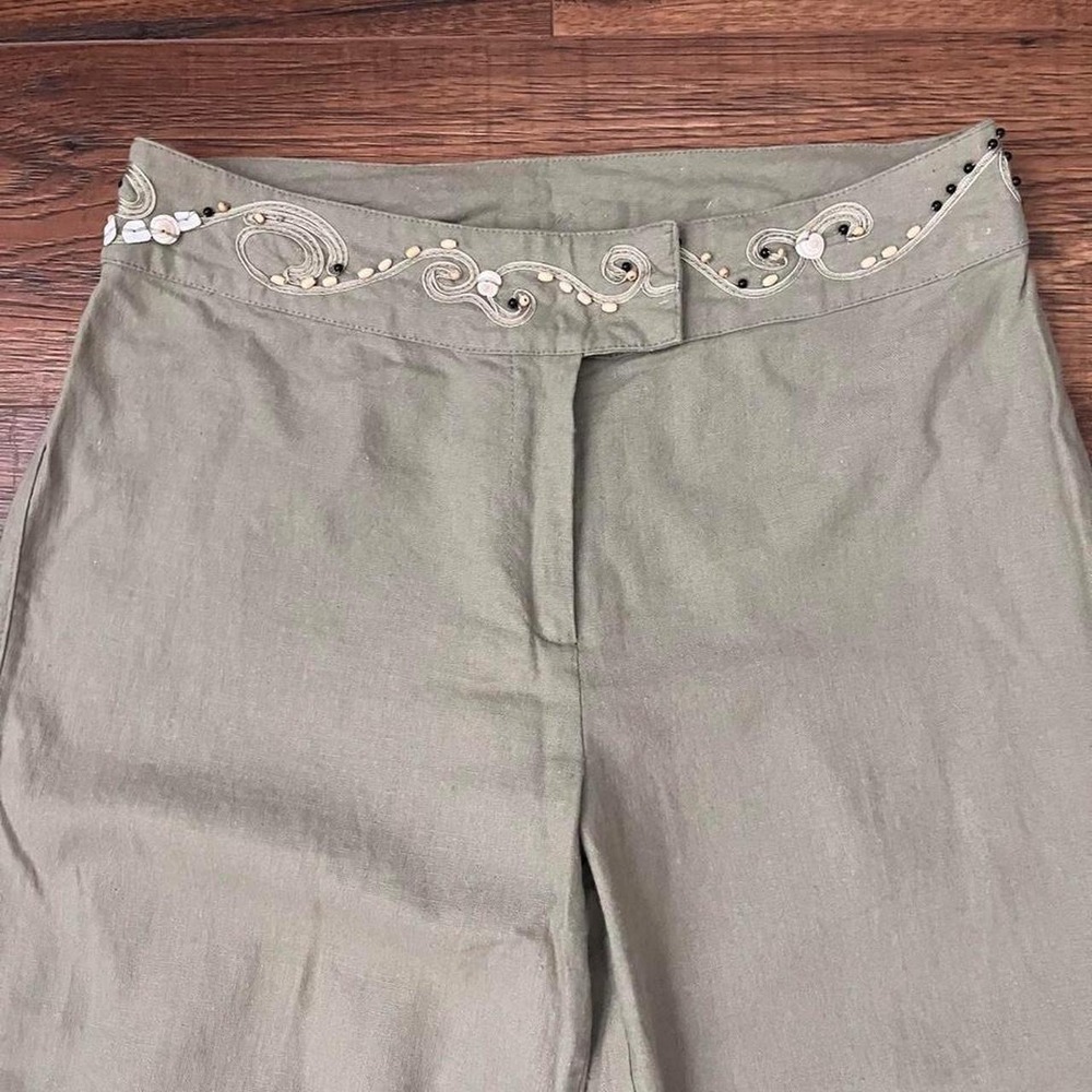 Vintage Green Linen Blend Capri Pants Beaded Women S Resort Coastal Grandma Boho - Picture 2 of 8